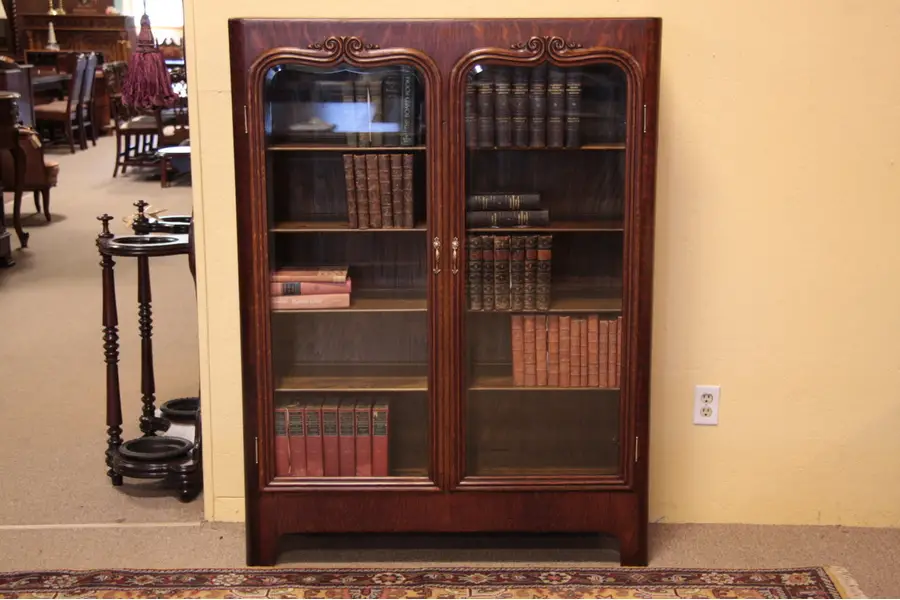 Photo of Oak 1900 Bookcase or China Cabinet, Beveled Glass