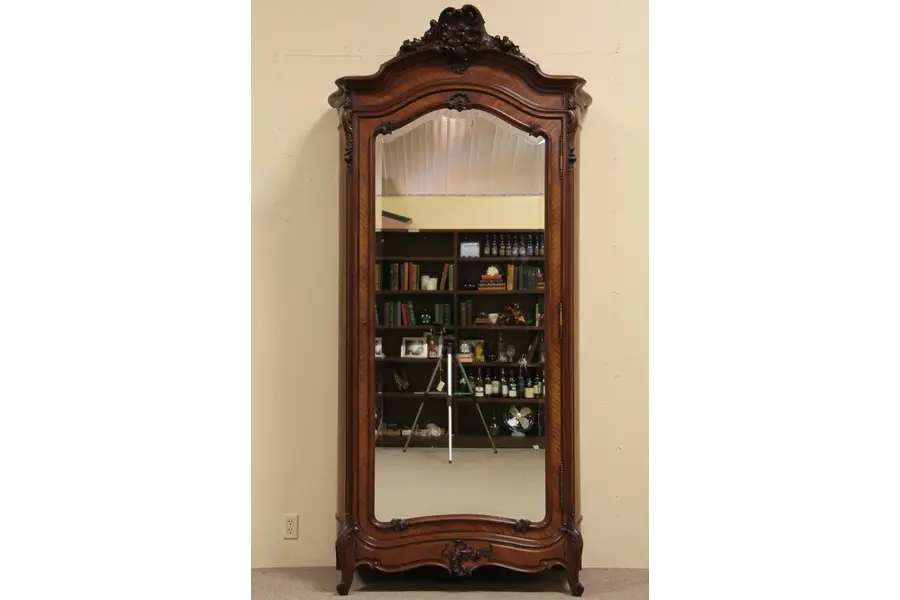 Photo of French 1890 Carved Armoire, Beveled Mirror