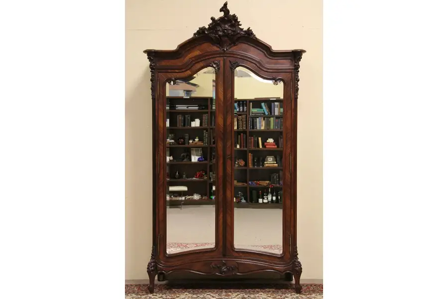 Photo of French Carved Rosewood Armoire, Beveled Mirror Doors