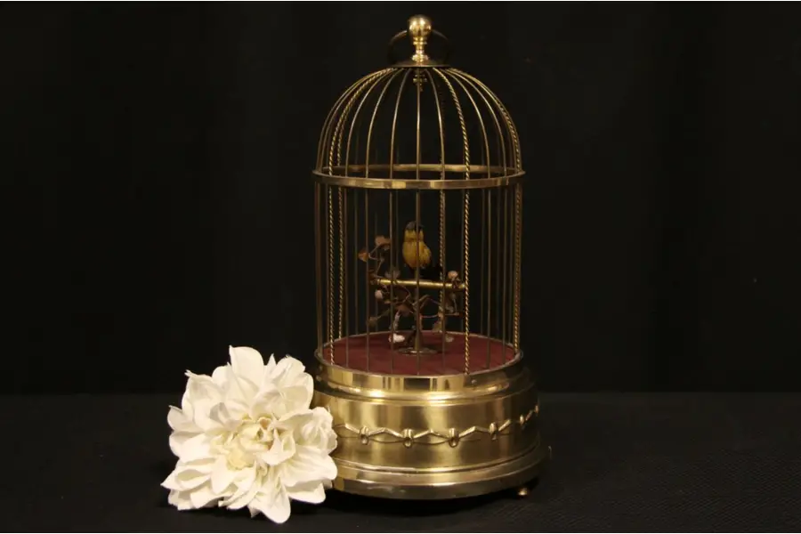 Photo of German 1930 Era Singing Song Bird in Brass Cage