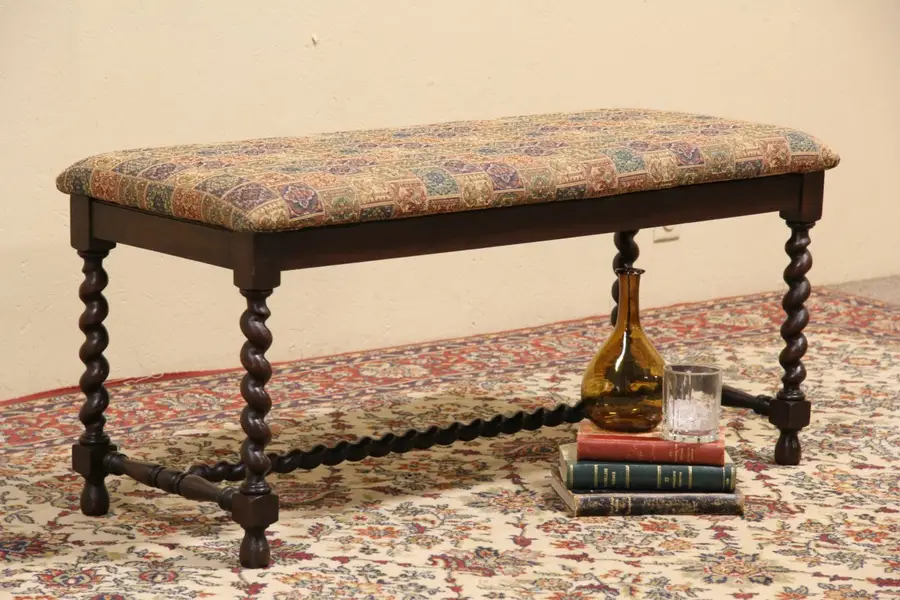 Photo of Karpen 1900 Antique Spiral Leg Bench, Newly Upholstered