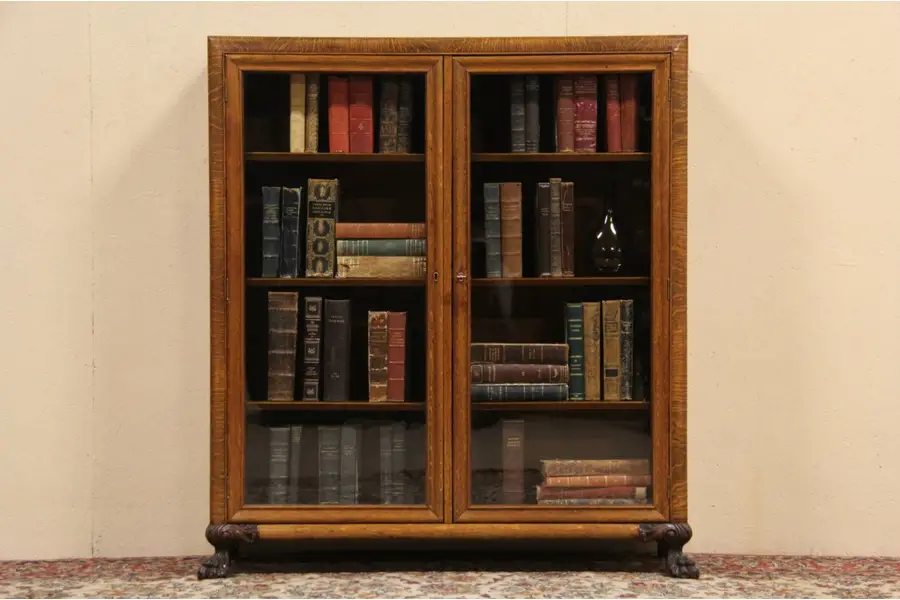 Photo of Oak 1900 Antique Bookcase, Wavy Glass Doors, Lion Paw Feet