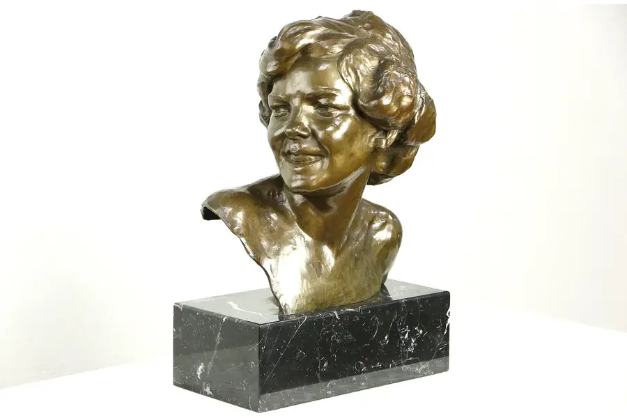 Photo of Toon Dupuis Bronze Dutch Sculpture, 1930 era Bust of a Woman, Marble Base