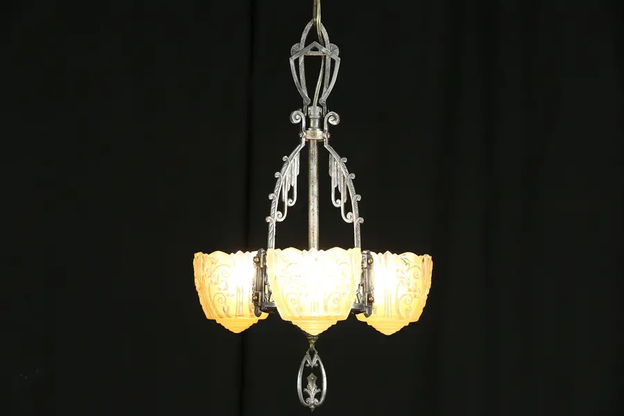 Photo of Art Deco 1925 Antique Chandelier, Etched Glass Shades, Pewter Finish
