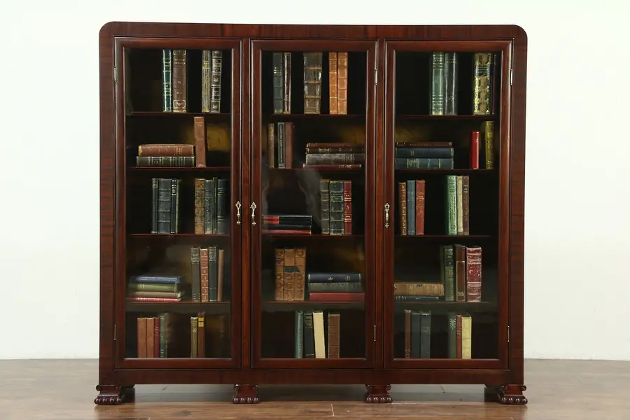 Photo of Triple Mahogany 1910 Antique Library Bookcase, Wavy Glass Doors