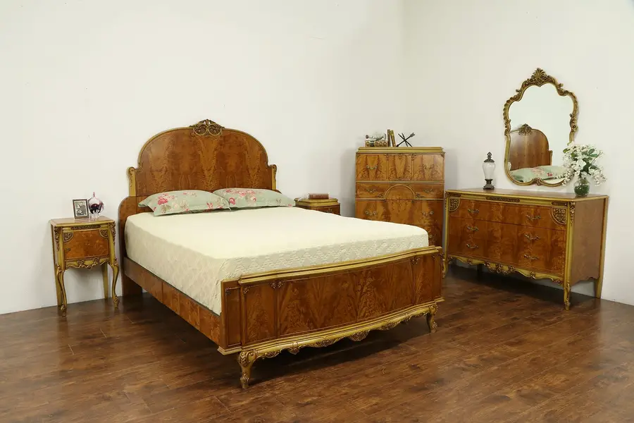 Photo of French Style Vintage Satinwood & Hand Painted Queen Size 6 Pc Bedroom Set
