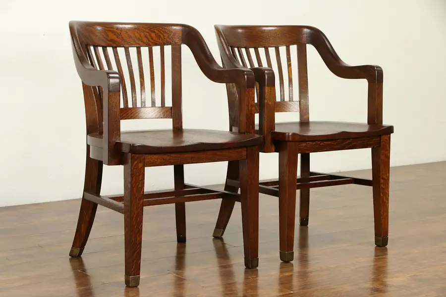 Photo of Pair of Quarter Sawn Antique Oak Banker, Office, Library Chairs, Crocker
