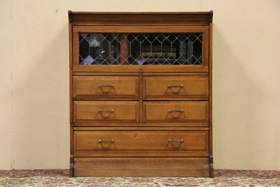 Photo of Oak Antique Stacking Bookcase & Drawers, Leaded Window