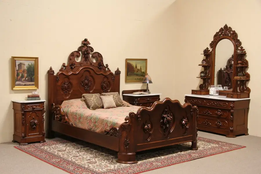 Photo of Victorian Carved Oak & Chestnut 1860 Queen Size 4 Pc. Bedroom Set, Marble Tops