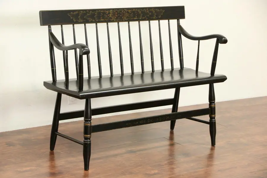 Photo of Hitchcock Style 1950 Vintage Stenciled Black Hall Bench