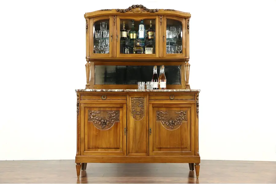 Photo of French Antique Carved Sideboard & China Cabinet, Marble Top, Beveled Glass