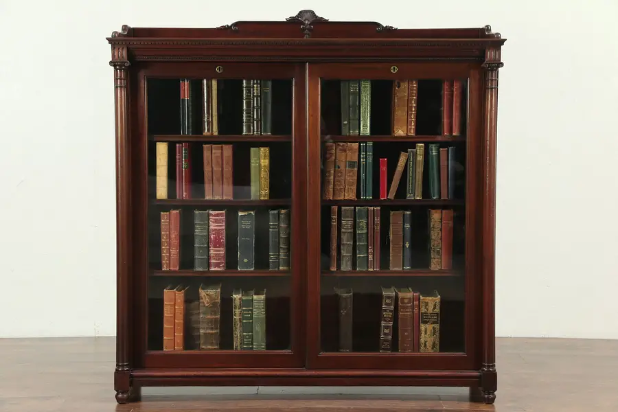 Photo of Mahogany Antique Bookcase, Sliding Wavy Glass Doors, Signed Paine, Boston
