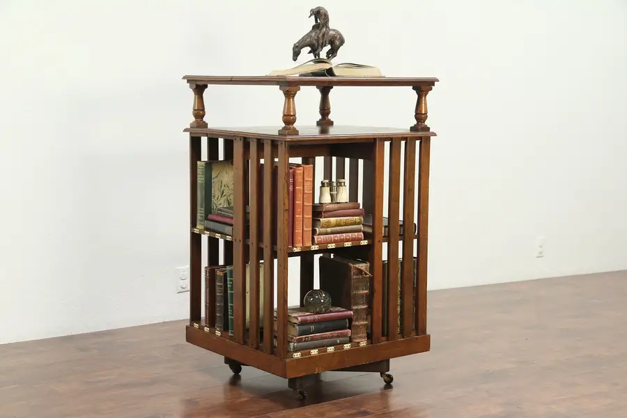 Photo of Oak Revolving Antique Spinning Bookcase with Original Labels