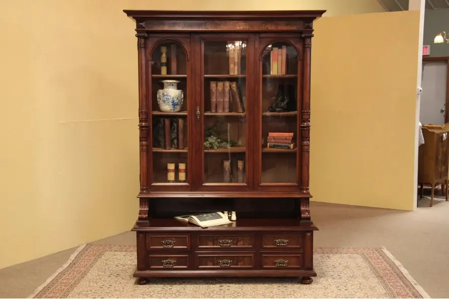 Photo of Victorian Walnut & Burl Bookcase, Original Glass