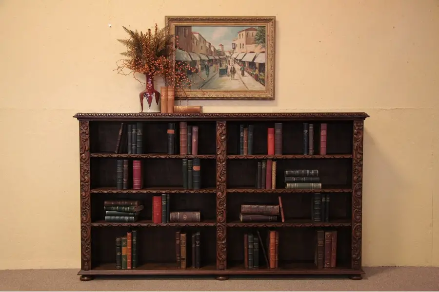 Photo of Carved Oak Antique Double Bookcase with Shelves