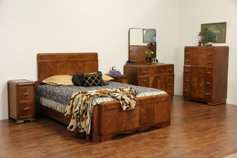 Photo of Art Deco 1930's Queen Size Waterfall 5 Pc. Bedroom Set, Signed Joerns