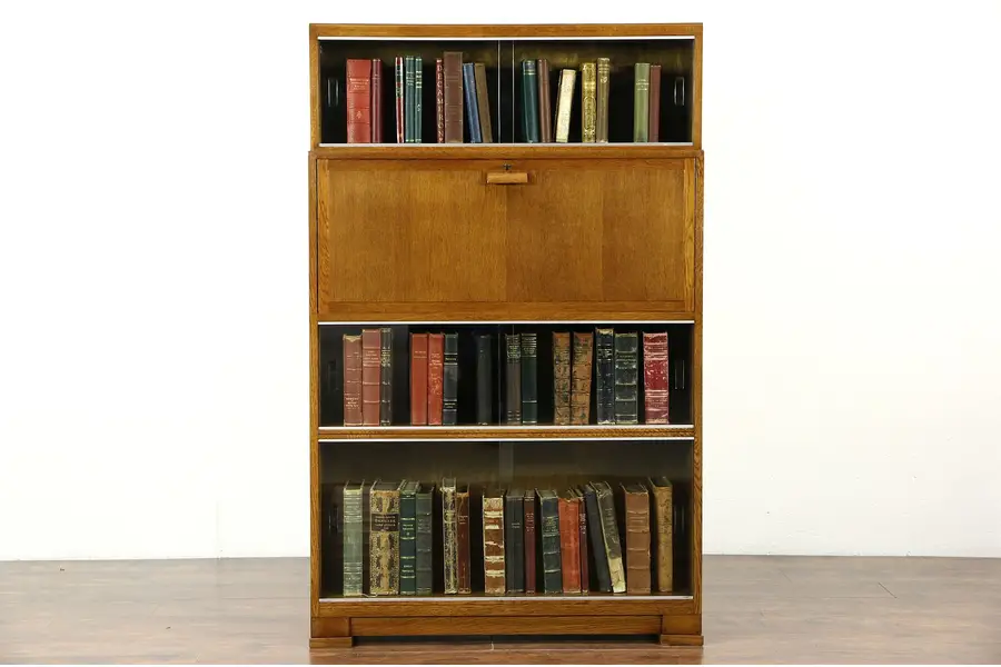 Photo of Midcentury Modern Oak 1950's Vintage Secretary Desk & Bookcase, Signed