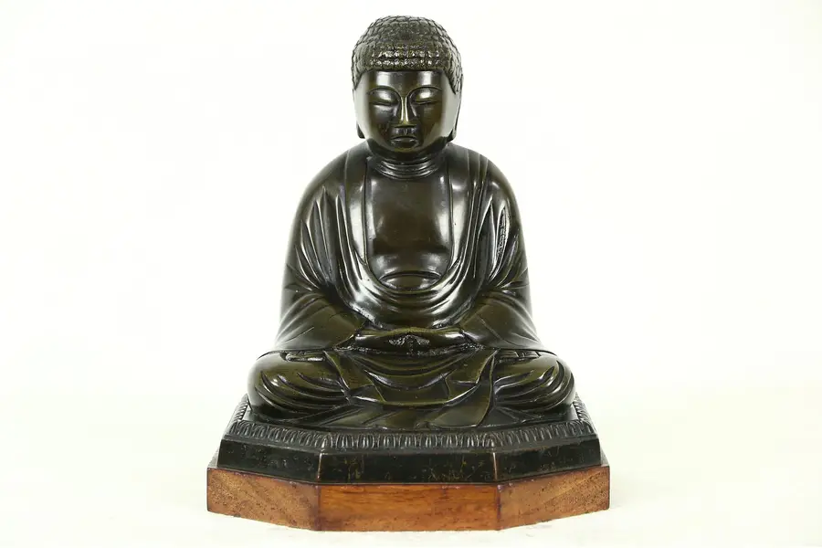 Photo of Bronze Statue of Buddha, 1920 Antique Chinese Sculpture, Mahogany Base
