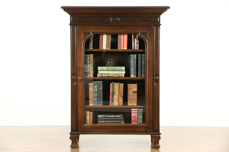 Photo of Victorian Walnut & Burl Bookcase, Bath Cabinet, Wavy Glass, Adjustable Shelves