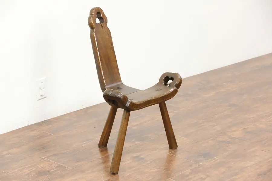 Photo of Hand Hewn Vintage Midwife Birthing Stool or Chair, Carved Irish Shamrock Motifs