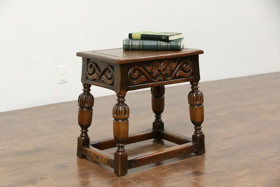 Photo of Renaissance Carved Walnut Stool, Bench or Chairside Table Signed Kittinger