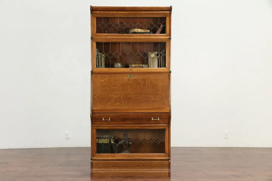 Photo of Lawyer Antique Oak Stacking Bookcase & Desk, Leaded Beveled Glass
