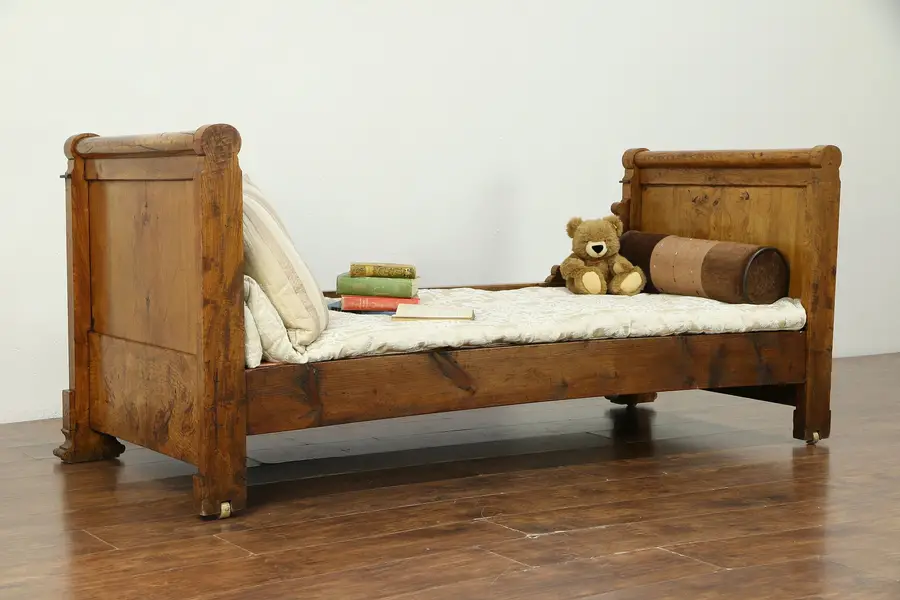 Photo of Classical French Antique 1810 Carved Elm Burl Day Bed or Bench
