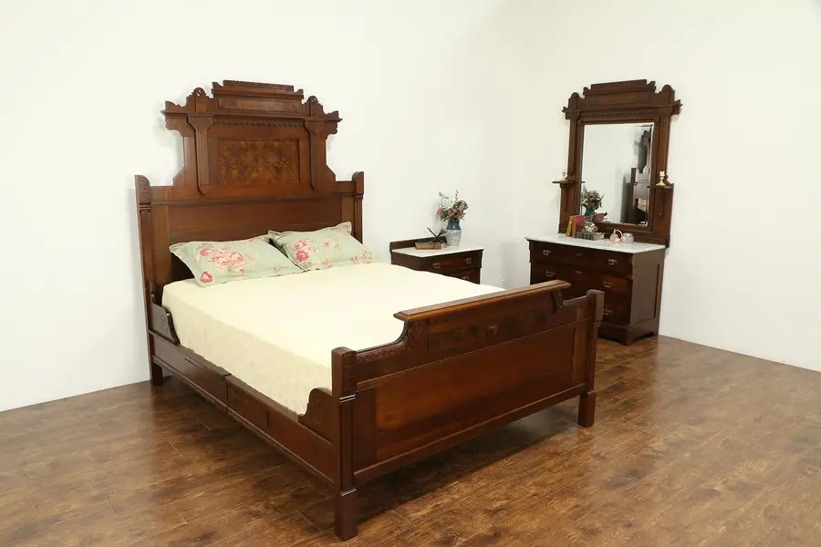 Photo of Victorian Eastlake Antique Queen Size 3 Pc Bedroom Set, Marble Tops
