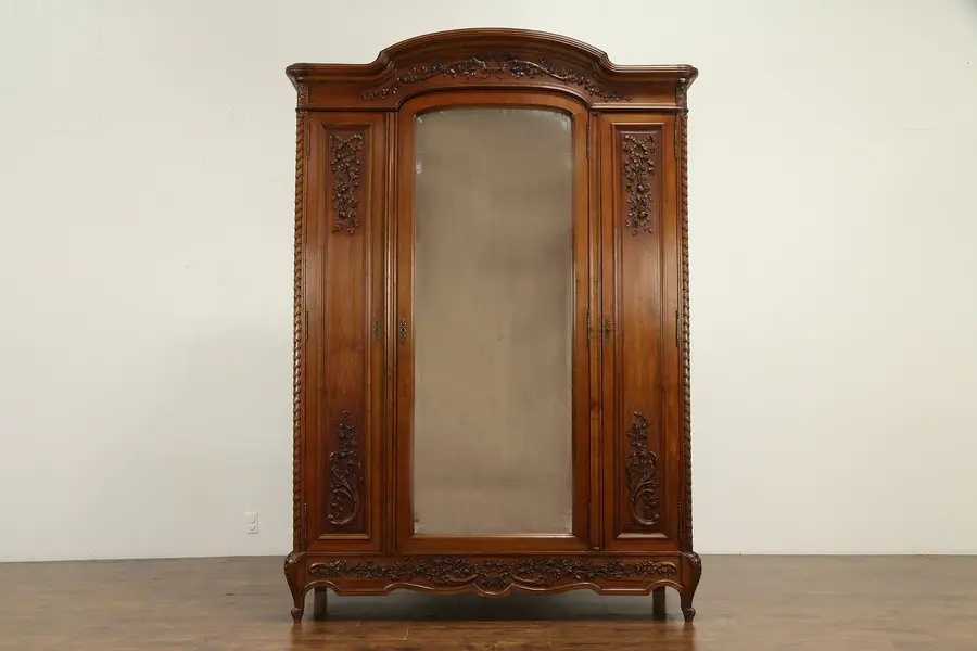 Photo of French Antique Hand Carved Walnut Armoire, Wardrobe or Closet, Mirror