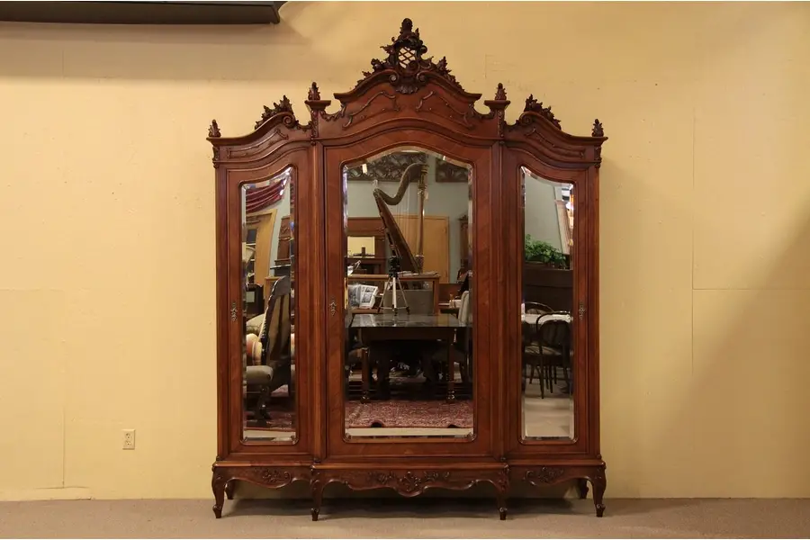 Photo of Carved Walnut Rosewood Triple Armoire Beveled Mirror