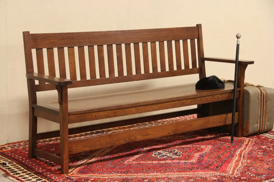 Photo of Arts & Crafts Mission Oak Antique 1900 Railroad Bench