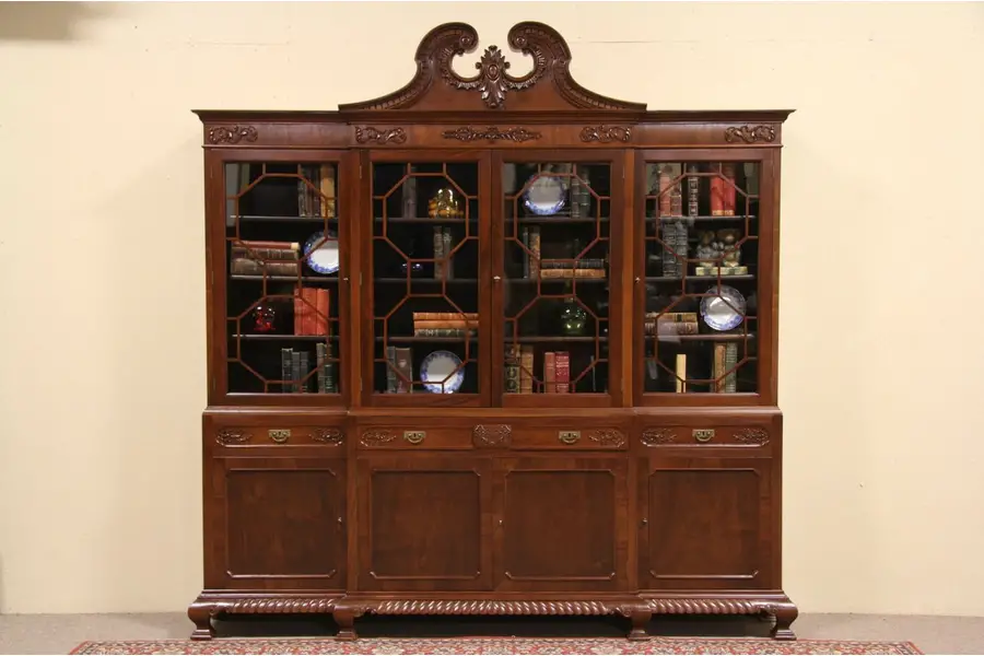 Photo of Chippendale Carved Vintage Mahogany Breakfront Bookcase or China Cabinet
