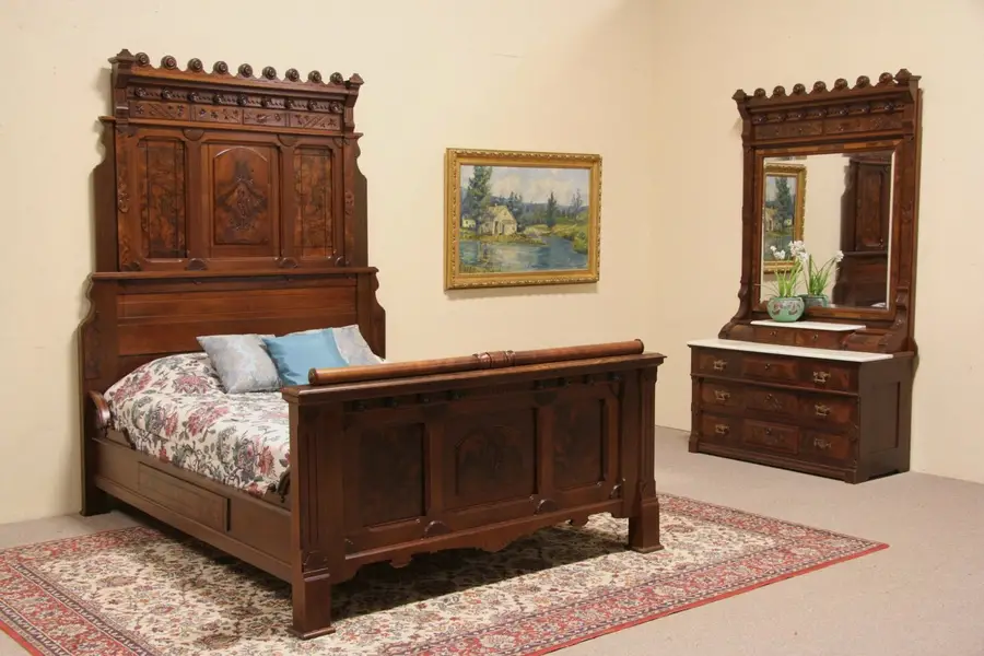 Photo of Victorian Eastlake Queen Size 1875 Bedroom Set, Bed & Marble Top Chest & Mirror