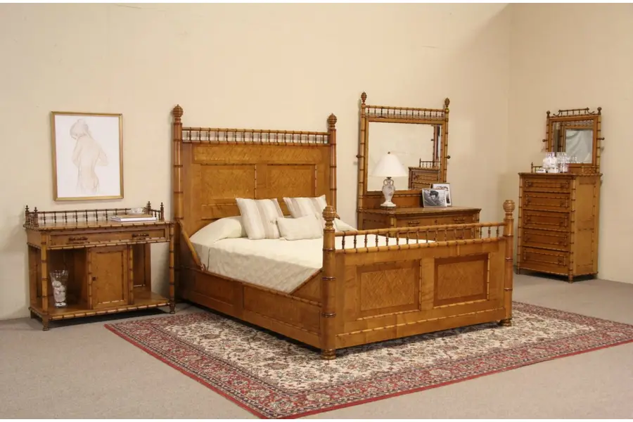 Photo of Curly Birdseye Maple Bamboo 4 Pc. Queen Size Antique 1870's Bedroom Set