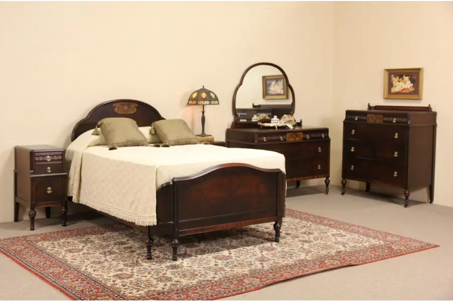 Photo of Hand Painted & Walnut 1920 Antique 5 Pc. Bedroom Set, Full Size Bed