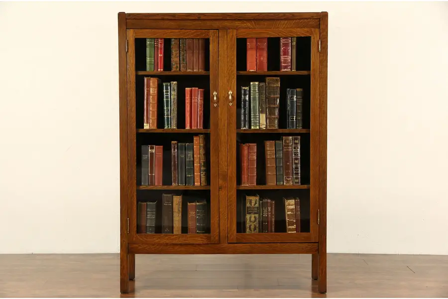 Photo of Arts & Crafts Mission Oak 1905 Antique Craftsman Bookcase, 2 Glass Doors