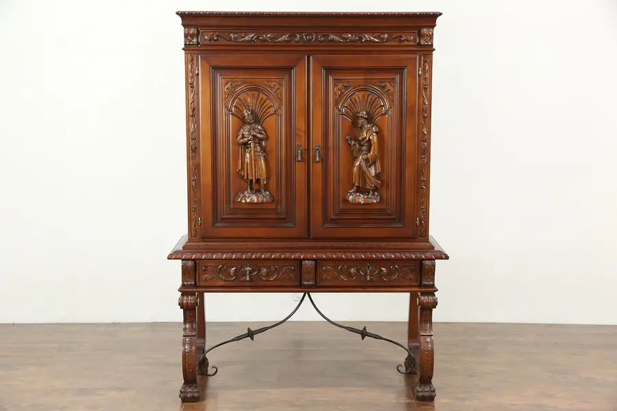 Photo of Spanish Colonial Vintage Lighted Bar Cabinet, Carved Figures