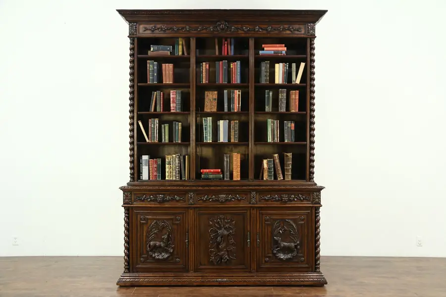 Photo of Oak Antique Library Bookcase, Carved Dogs & Lion Heads, Black Forest