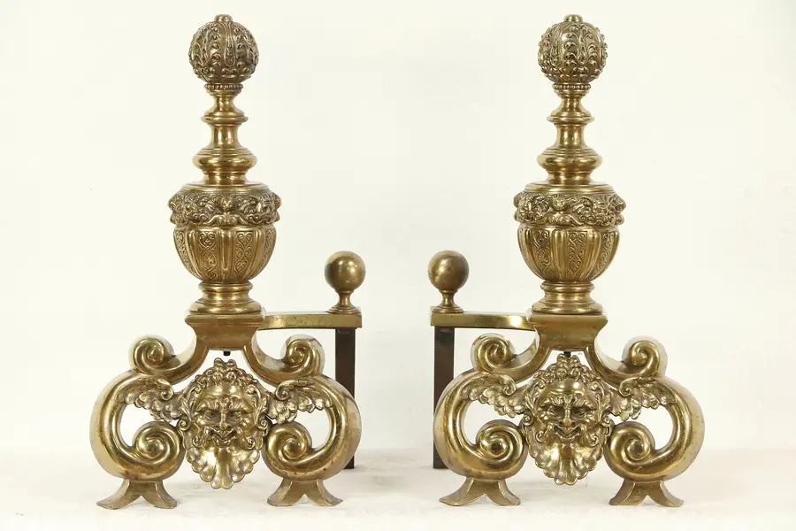 Photo of Brass Antique Fireplace Hearth Andirons, Embossed Heads
