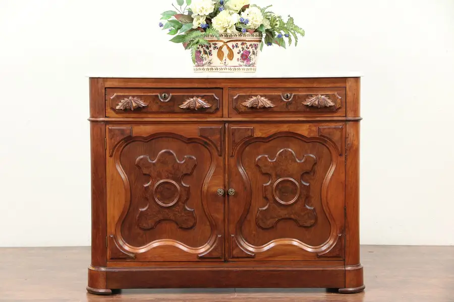 Photo of Victorian Antique Walnut Sideboard, Server, Buffet, Marble Top
