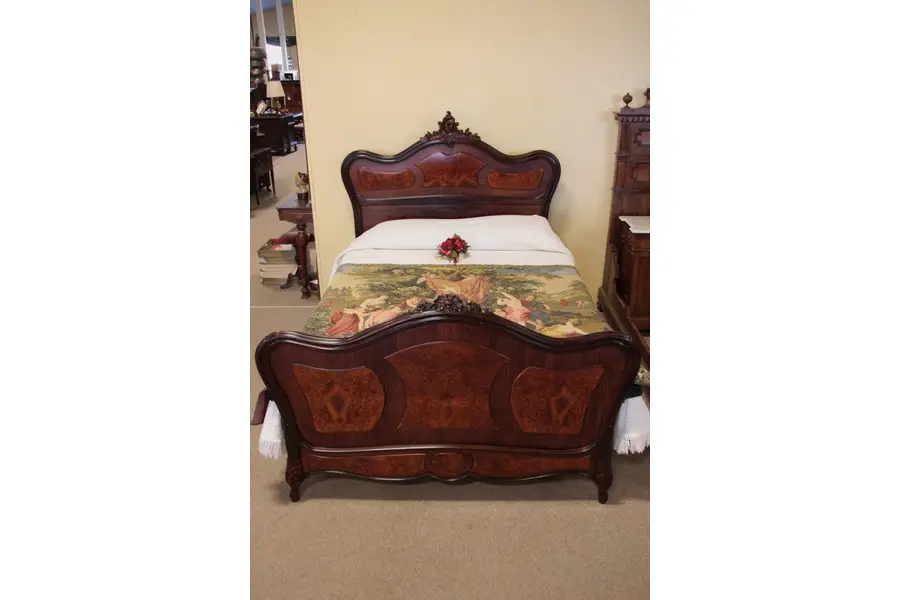 Photo of French Carved Rosewood & Burl Queen Size Bed, 1900
