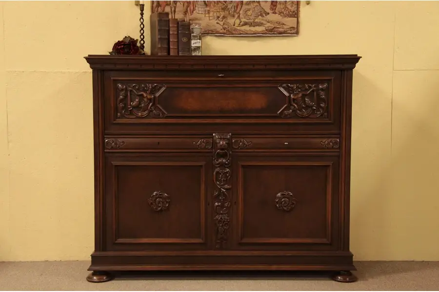 Photo of Server, Bar Cabinet Carved Lion & Figures