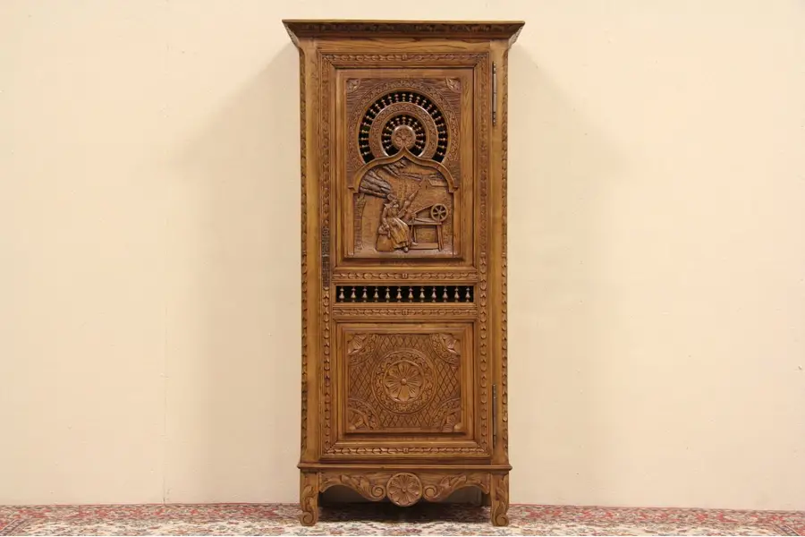 Photo of Brittany Carved Antique 1890 Armoire or Cupboard, Spinning Scene