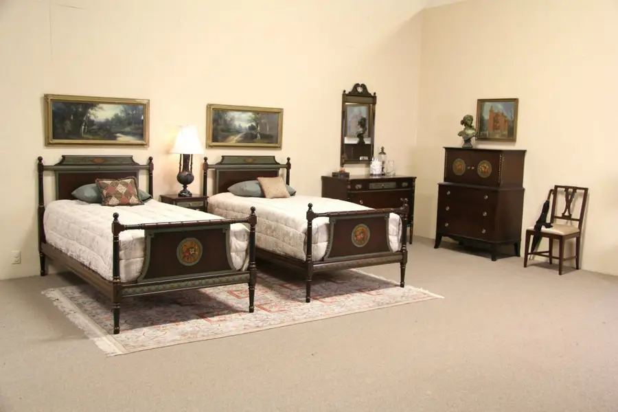 Photo of French of Minneapolis Curly Maple Hand Painted 1920's Twin Bedroom Set