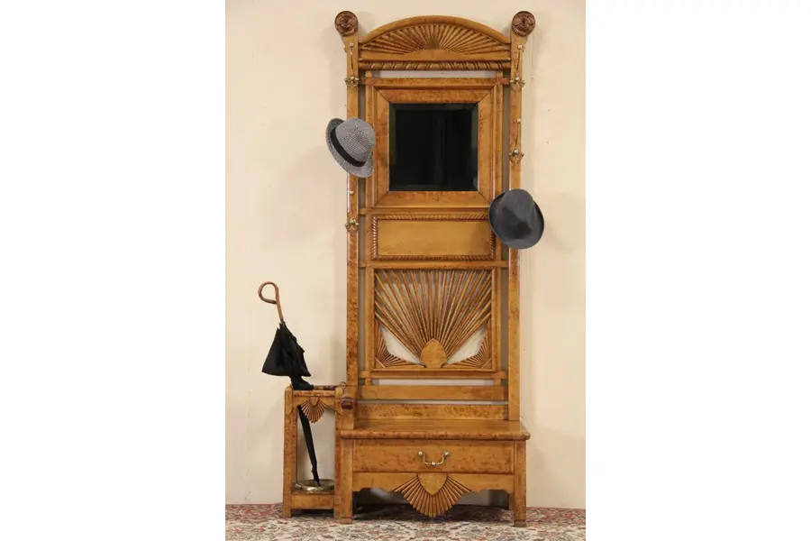 Photo of Hall Stand & Bench, Cane & Umbrella Holder, 1891 Antique Carved Birdseye Curly
