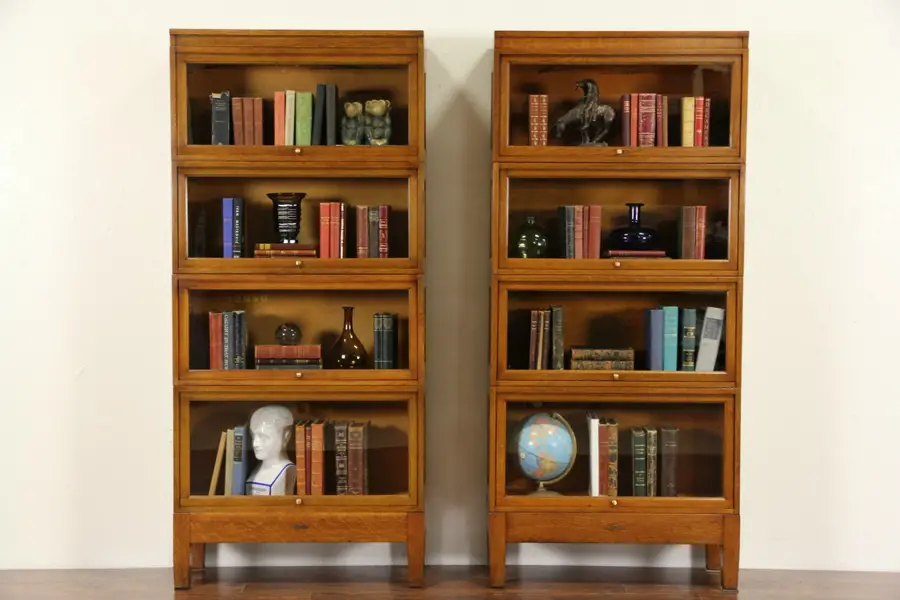 Photo of Pair of Globe Wernicke Signed 4 Stack 1920's Oak Lawyer Bookcases, Square Knobs