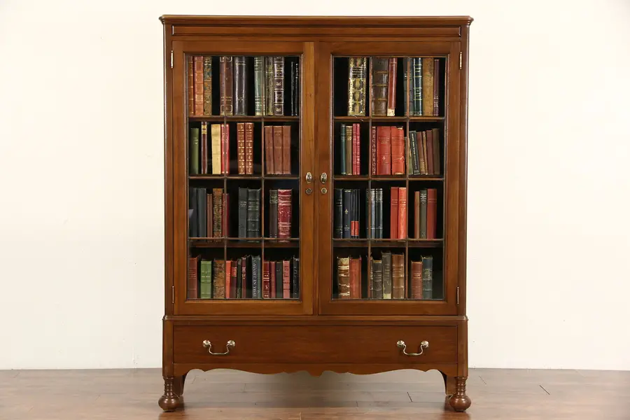 Photo of Walnut 1920 Antique Library Bookcase, Leaded Glass Doors, Signed