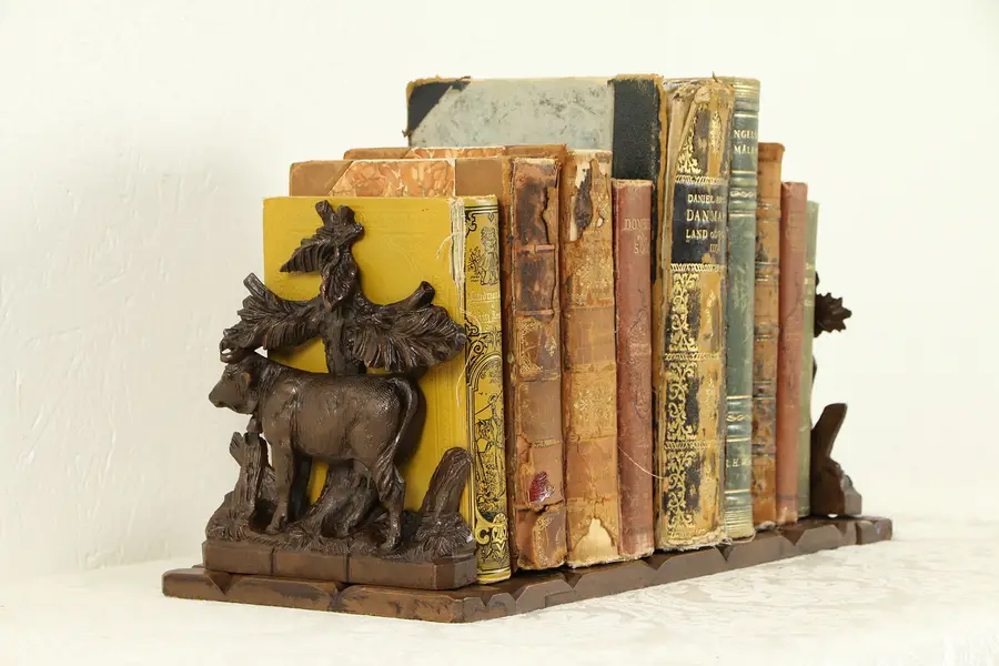 Photo of Black Forest Antique Carved Adjustable Folding Bookshelf, Carved Cows