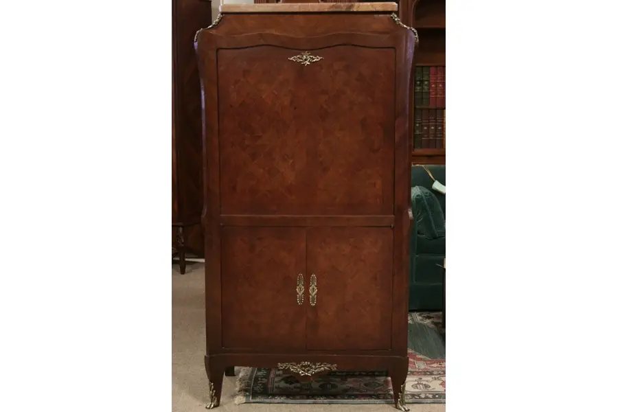 Photo of French Marquetry Drop Front Desk or Bar, Marble Top
