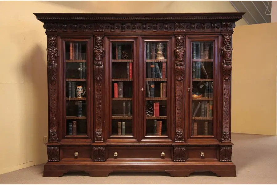 Photo of Renaissance 4 Door Bookcase Carved Figures, Lionhead